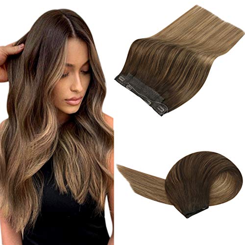 YoungSee 16inch Hair Extensions Wire Human Hair Dark Brown to Golden Brown with Dark Ash Blonde Wire Hair Extensions Human Hair Balayage Wire Hair Hidden Crown Fish Wire Hair Extensions 80grams