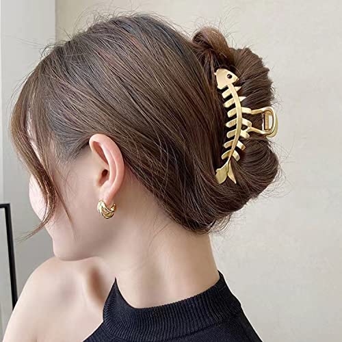 Large Gold Hair Clips Fish Bone Shape Design Hair Claw Clip Hair Accessories Metal Hair Jaw Clamps Gold Hairpin Clips Fashion Nonslip Hair Clamps Hair Catch Clip For Women Hair Hairstyling (Fish Bone Shape) #TOP4