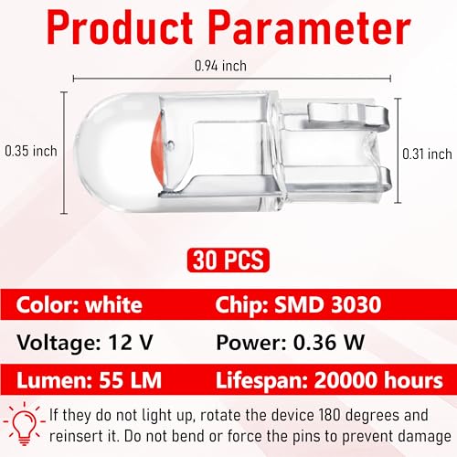 Image of ecocstm 30 PCS Car 194 LED Bulbs, 168 2825 W5W T10 Wedge COB LED Replacement Bulb, Error Free Interior Bulb for Dashboard Light, Dome Lights (Red)
