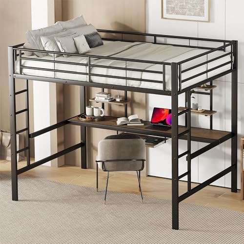 VIVCA Cama de metal de 140 x 200 cm, estructura de hierro, cama alta con escritorio y dos estanterías para niños, adolescentes y adultos, color negro