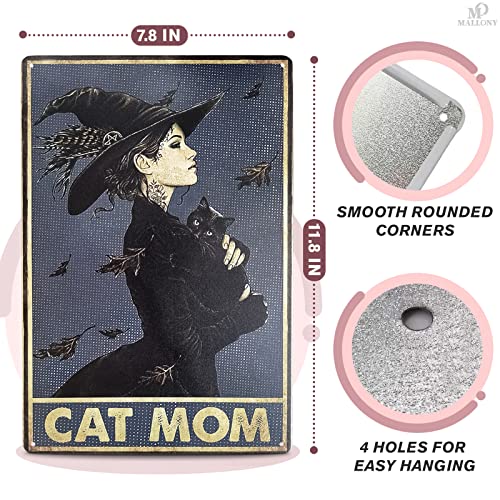 Mallony Cat Decor For Cat Lovers Metal Sign - Witch Cat Mom Metal Wall Art Tin Sign Indoor Halloween Decor Outdoor Black Cat Decor Coffee Bar Retro Home Decor - 8X12 Inch Kitchen Wall Decor Plate #TOP1