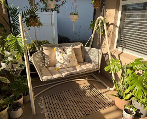 Image of PURPLE LEAF 2-Seat Cloud Swing Chair with Stand Patio Wicker Bench Glider Loveseat Hanging Swinging for Indoor Outside Backyard Garden Outdoor Hammock Porch Swing, Cushion and Pillows Included, Cream