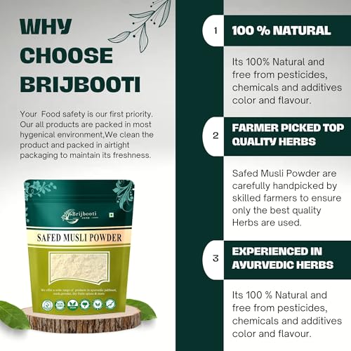 Image of Brijbooti Safed Musli Powder (100 Gr) Pure & Natural Swet Musli For Vigor, Vitality And Stamina