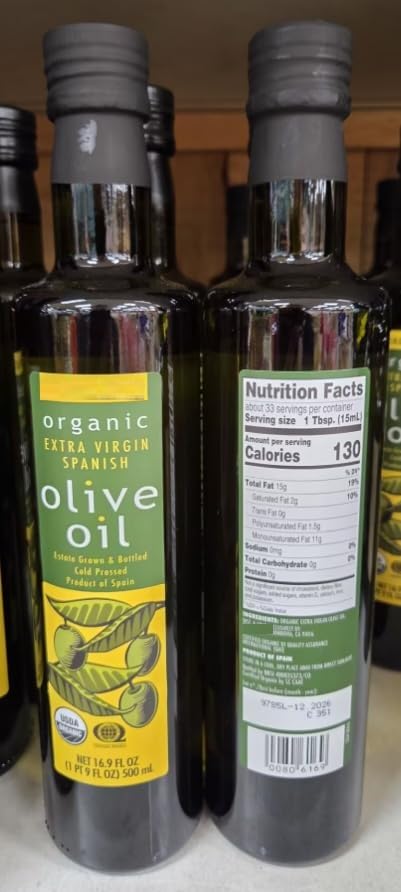 Trader Joe Organic Extra Virgin Spanish Olive Oil 16.9fl oz 500ml (Two Bottles)