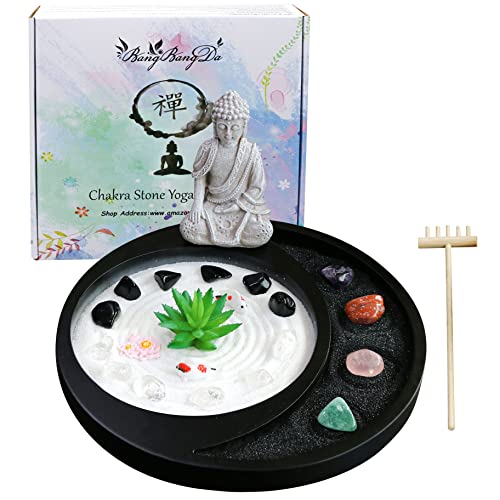 Meditation Buddha Zen Garden Accessories Japanese Desktop Rock Garden with Healing Crystal Stones Shine Altar Sand Tray Therapy Kit Decor Office Home Stress Relief Spiritual Decor Zen Healing Gifts