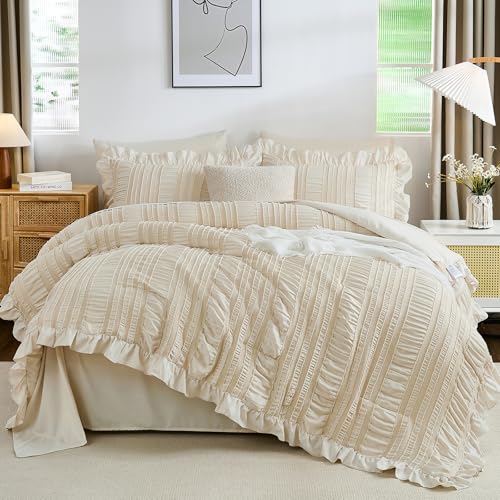 WONGS BEDDING Queen Comforter Set,Beige Cute Ruffle Comforter for Queen