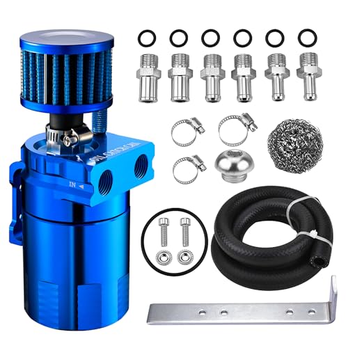 EVIL ENERGY Oil Catch Can, Universal Baffled Catch Can Kit with Breather Filter, 300ml Aluminum Air Oil Separator Tank NBR Fuel Hose Kits for PCV System Blue
