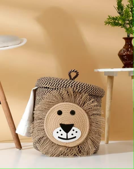 Image of Aroma Brand Kids Lid Basket with Beautiful Characters - Rope Storage Basket for Baby Diaper, Stuffed Animal Storage Bin Rope Basket for Kids Toy, Baby Laundry Baskets with Lid (Brown Lion)