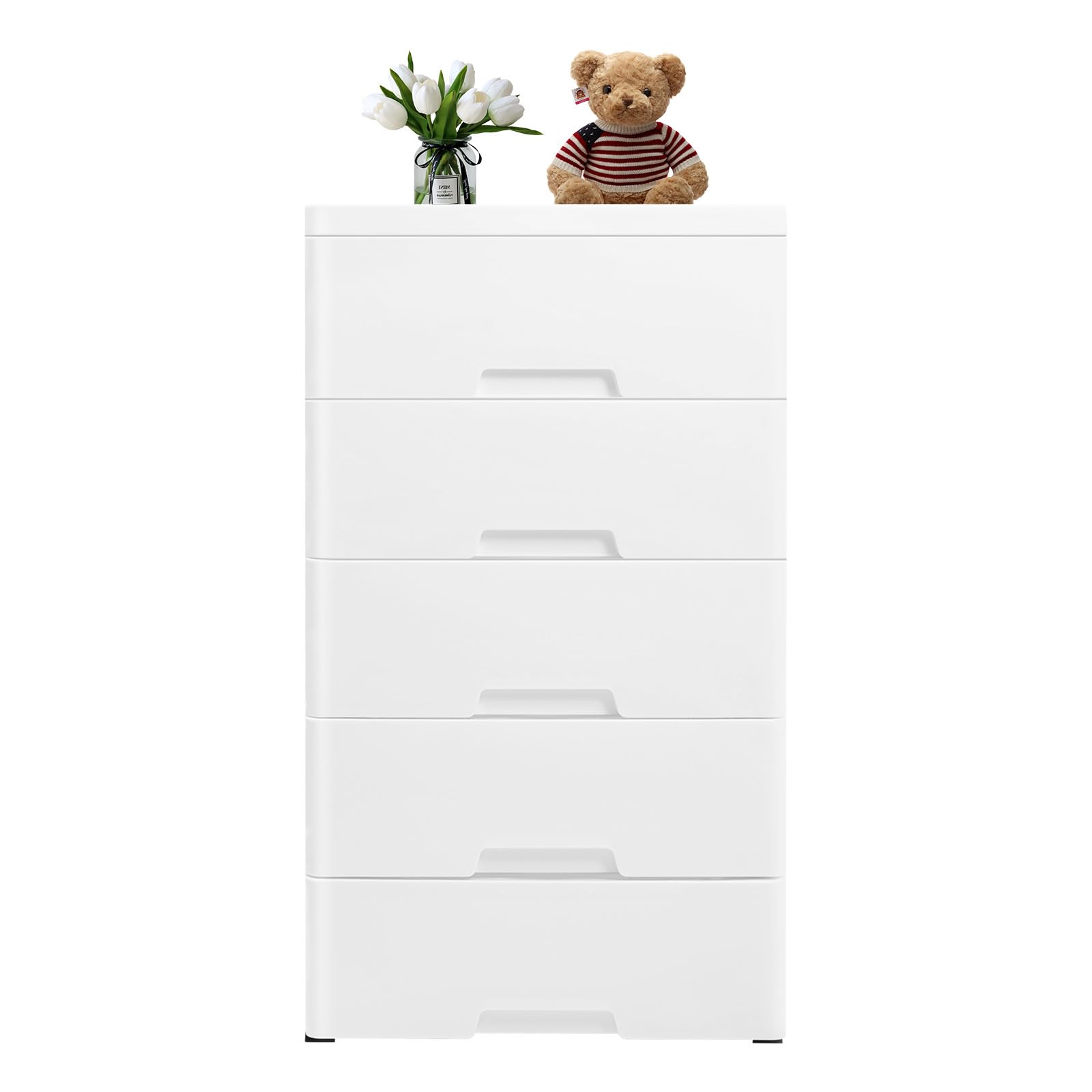 PIAOCAIYIN 5 Drawer Storage Organizer, Stackable Plastic Drawers Tower, Plastic Drawers for Clothes, Vertical Dresser with 4 Wheels, Closet Drawers for Bedrooms, Living Rooms, White