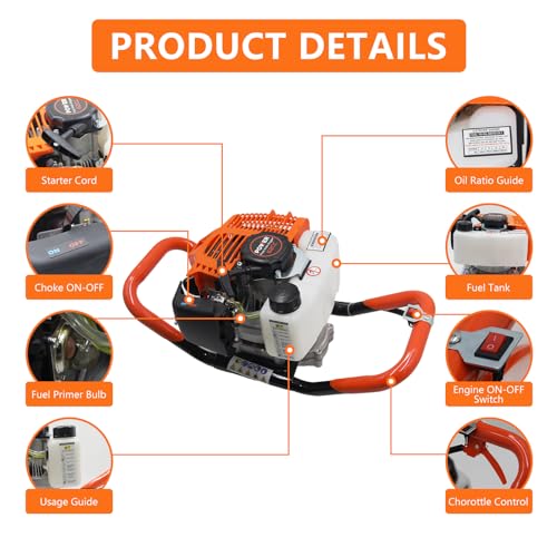 Image of 62CC Auger Post Hole Digger, 2 Stroke Gas Powered Earth Post Hole Digger with 2 Auger Drill Bits(6 inch & 8 inch) + 1 Extension Rods for Farm Garden Plant