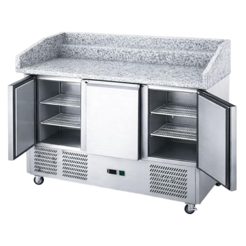 GN 1/1 R290 - Mesa de pizza refrigerada de 3 puertas de granito, 1400 mm, 368 L, con respaldo