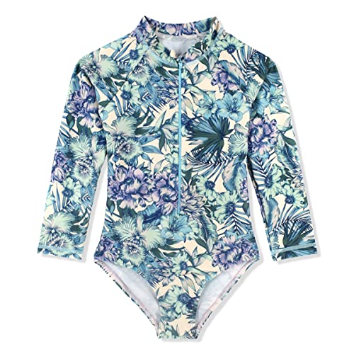 BAYIMEE Big Girls Swimsuits One Pieces Long Sleeve Swimwear Zipper Rashguard Bathing Suits UPF 50+ Blue 7T