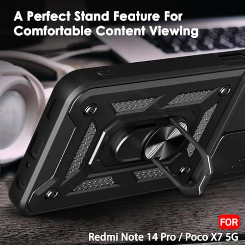 Image of TheGiftKart Tough Armor Bumper Back Cover Case for Mi Redmi Note 14 Pro /Poco X7 5G | Rotating Camera Cover, Kickstand & Ring Holder | 360 Degree Protection Back Cover Case (PC & TPU, Black)