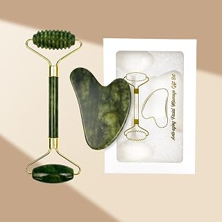 Thorn Stone Facial Massage Roller and Gua Sha Set Body Meridian Redness Skin Care Self Care for Men Women Massager for Face Eyes Neck Relieve Fine Lines Wrinkles Quartz Home Massage 2-P Dark Green 7