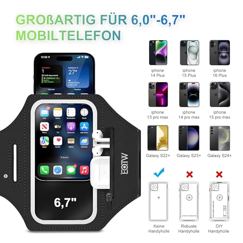 EOTW Joggen Sportarmband - Handyhalterung Arm mit Airpods Tasche für MP3-Player/iPhone 16/15/14/13 Pro Max Galaxy S24+/S23+/S22/S21(6,0~6,7)