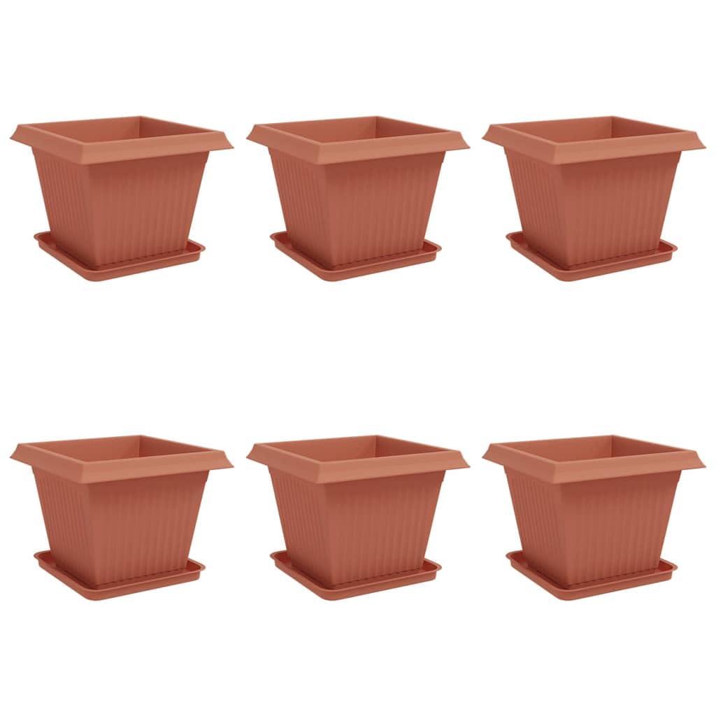 Lot de 6 pots de fleurs en plastique avec soucoupe - Rouge brique - 43 x 43 x 33,5 cm - Résistant aux intempéries - Pour l'intérieur et l'extérieur