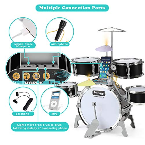 BEAURE Jazz Drum Set for Kids with Light Sound Microphone Compatible with Mobile Phone/Computer/MP3 Musical Playset Educational Instrument Kit for Kids Gift Toy for Kids Toddler Boys Girls