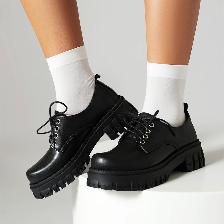 Image of Women's Patent Leather Platform Chunky Loafers Perforated Lace-up Round Toe Wingtip Oxford Shoes Non-Slip Lug Sole Brogue Dress Shoe