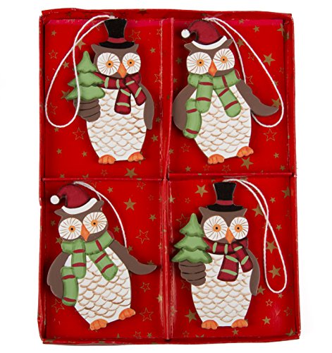 Sass & Belle Set of 4Pcs Owl with Scarf Wooden Dec Assorted, Multi-Colour