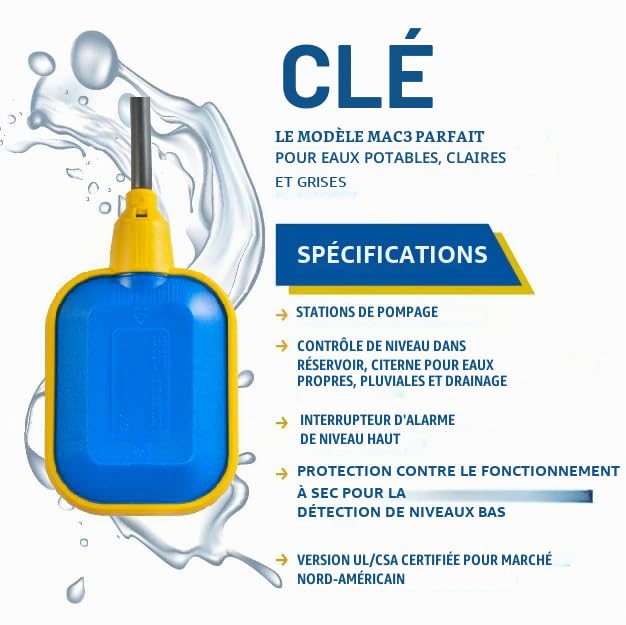Interrupteur à Flotteur KEY, Press Control Capteur de Niveau d’Eau pour Pompe avec Contrepoids, pour Eau Claire et Eau Usée, Détecteur d’Inondation, Made in Italy (câble 3 m)