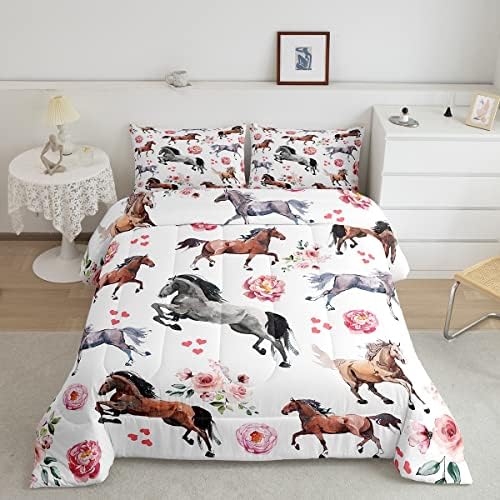 Horse Comforter Set Twin Size Farm Western Cowboy Cowgirls Bedding Set Kids Boys Girls Teens Pink Rose Floral Duvet Insert with Cute Lover Heart Decor Kawaii Horse Down Comforter with 1 Pillowcase