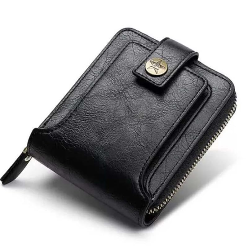 Mens Wallet PU Leather Credit Card Holder Zipper Slim Coin Bags Bussiness Purse (Black)