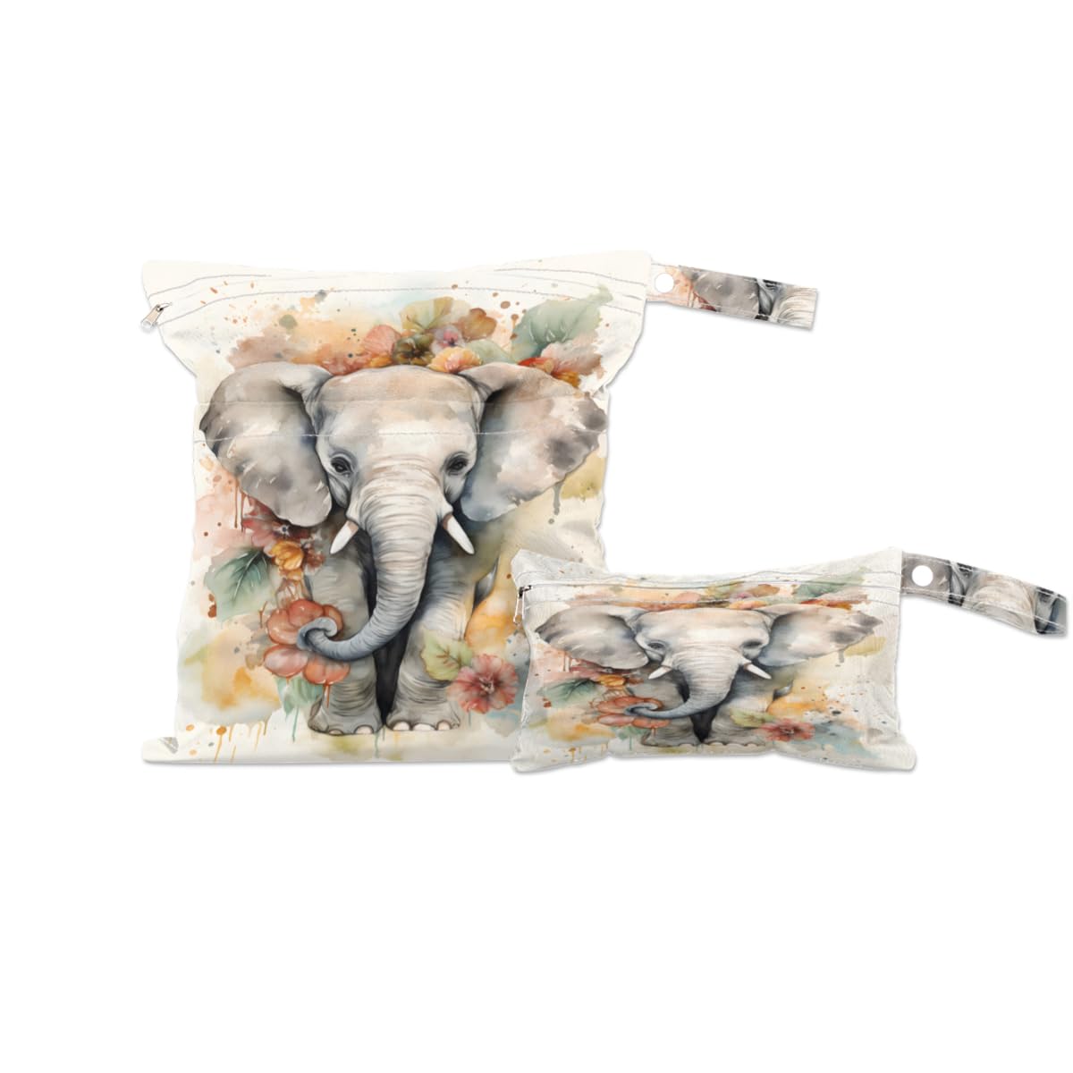 Wet Bags for Swimsuits, 2 Pack Cartoon Elephant Wet Dry Bag with Zipper Pocket Waterproof Artistic Elephant Wet Clothes Bag for Breast Pump Parts Wet Swimsuit Bag Diaper Wet Bag for Travel Beach