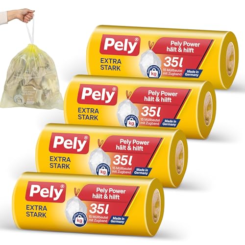 Pely Zugband Müllbeutel extra stark 35 Liter - Vorteilspack (4 x 15 Stück) gelb für die Entsorgung von Restabfall (Nachfolger)