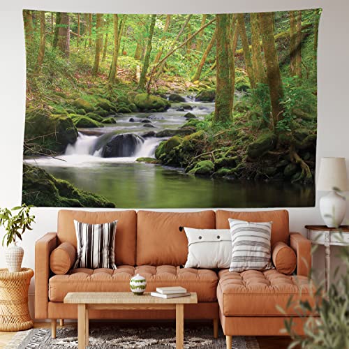 Ambesonne Nature Tapestry, Stream Flowing in Forest Mossy Rocks Tree Foliage Splash Summertime Hiking, Wide Wall Hanging for Bedroom Living Room Dorm, 60" X 40", Apple Green Umber