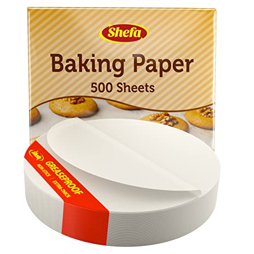 SHEFA 500 hojas de papel de hornear circulares de alta calidad a prueba de grasa, papel pergamino para hornear pasteles, precortadas, listas para cortar, para bandeja de horno, paquete económico
