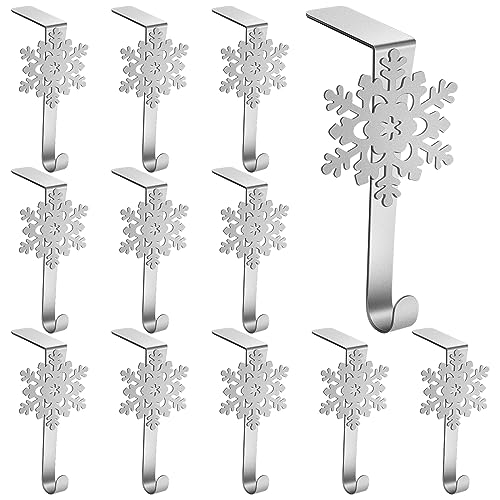 Lounsweer 12 Pieces Snowflake Christmas Stocking Holders Metal Mantel Stockings Hangers Stand Christmas Ornament Hooks Metal Fireplace Clips for Xmas(Silver)