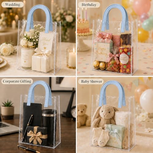 Image of SATYAM KRAFT 6 Pcs Transparent Reusable Leather Goodie Bags | Elegant Gift Bags for Her /Him Wedding Return Favors, Engagement Hampers, Marriage, Birthday & Festival Gifting | Handle Hamper Shopping Carry Bags (U-shaped Blue - Medium)