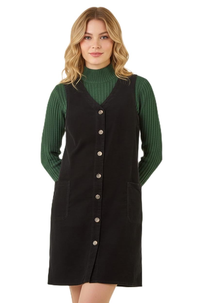 Roman Women's Black Cotton V-Neck Button Pocket Dress In | Size: 20