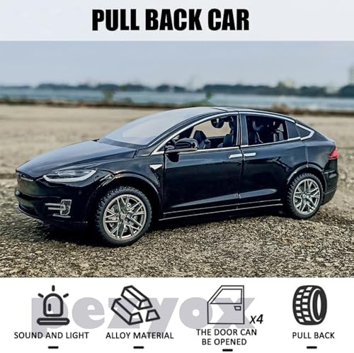 Image of 1:32 Scale Car Tesla Model X90 Alloy 1 /32 Diecast Model Car w /Sound & Light Pull Back Model Mini Vehicles Toys for Kids (Black)