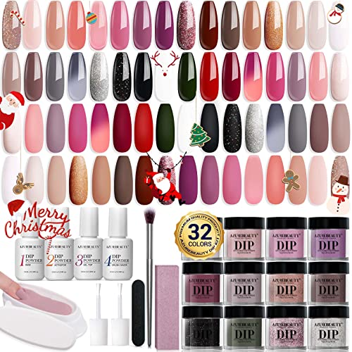 AZUREBEAUTY 42 PCS Dip Powder Nail Starter Kit Christmas Gift, Brown Nude Pink Grey 32 Dark Colors Acrylic Dipping Powder All-in-1 Set Recycling Tray&Liquid Top/Base Coat Activator Nail Art Manicure Salon