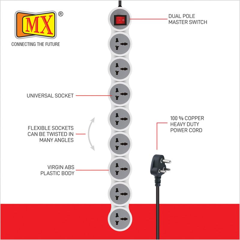 Image of MX Surge Protector & Spike Guard with 4 Universal Socket Master Switch Power Indicator Built-in Fuse with Circuit Breaker (8 Socket /Power Strip /Circuit Breaker /20Amp, 1.5 MTR)