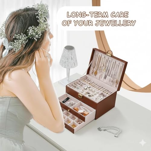 Image of Jewelry Box For Women Girl Wife 3 Layers Large Pu Leather Jewelry Organizer Storage Case With Two Drawers Display For Earrings Bracelets Rings Watches Design Jewelry Box, Jewelry Organizer (Brown)