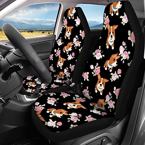Image of Modysero Cartoon Corgi Rose Print Car Seat Cover Full Set Novelty Soft Elastic All Season Automotive Seat Cover for Women Universal Auto Seat Cover Accessories Fit Most Cars Vehicles