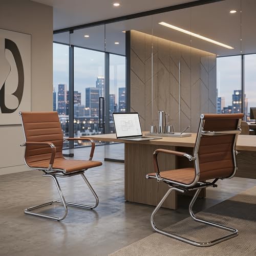 Image of HNY Leather Office Guest & Reception Chairs Set of 2, Modern Waiting Room Chairs with Arms, Desk Chair no Wheels with Sled Base for Conference Room, Coffee