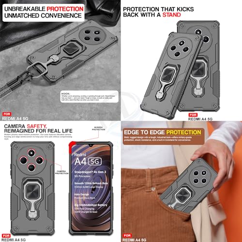 Image of AESTMO Armor Back Cover for Redmi A4 / 14C / Poco C75 / M7 5G | Ring Holder & Kickstand & Camera Protection in-Built | 360 Degree Protection Back Case Cover (Black)
