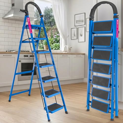 Image of Casa Copenhagen Blue 7 Step Ladder for Home Use with Built-in Tool Tray | Heavy Duty D Shape Rods | Ultra Large Platform | Wide Rubber Feet | 150Kg Capacity Foldable Ladder - 7 Years Warranty