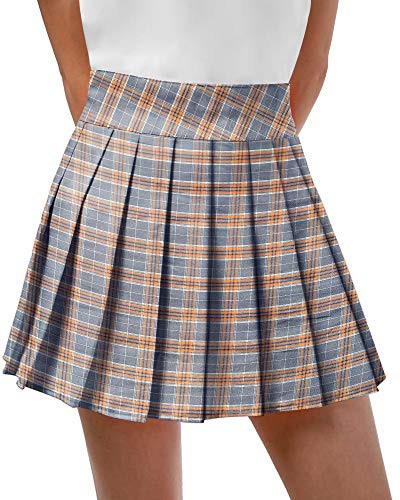 Image of MANGOPOP Women Girls High Waist Pleated Skater Tennis School Uniform A-line Skirts (Grey(Plaid), Small)