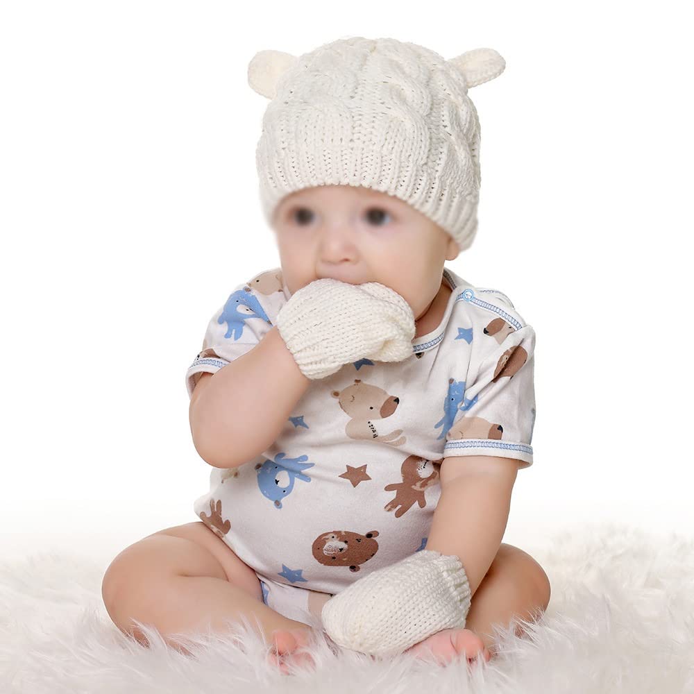Dziewczęta Chłopcy Zimowa ciepła czapka z dzianiny Ucho Solidna, ciepła, śliczna rękawiczka 2 szt. Urocza czapka typu Beanie 0-18M