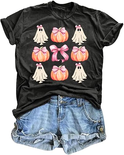 Halloween Shirts for Women Spooky Season Shirt Pumpkin Ghost Graphic tees Casual Short Sleeve Tops