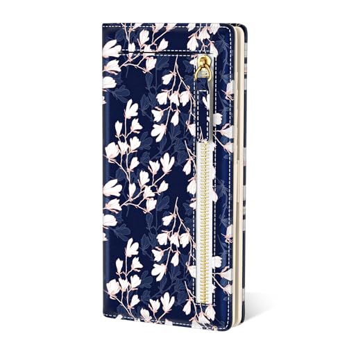 TMOODEL Wallet Women, Cute Flower Theme RFID Blocking Credit Card Holder for Women, Slim Leather Bifold Ladies Purse, Clutch Billfold Card Holder Wallets with 11 Card Slots & ID Window, Blue White