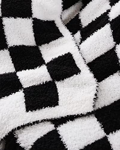 Panku Super Soft Checkered Throw Blanket, Knitted Cozy Warm Checkboard Fleece Blankets For Couch And Sofa, Reversiable Luxury Fluffy Plaid Knit Blanket Throw Black And White 50X60 Inches #TOP3