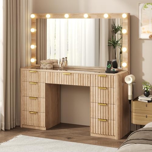 Image of 47" Fluted Vanity Desk with 42" Mirror & LED Lights, Large 9 Drawers Makeup Vanity Table with Tempered Glass Top & Charging Station, Waterfall Edge Design for Women&Girls, Bedroom or Dorm, Natural Oak