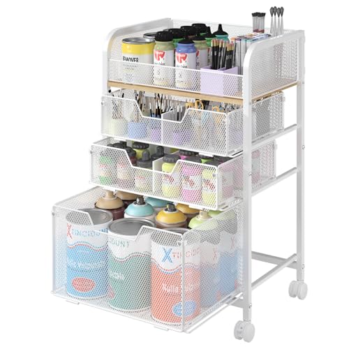 4-Tier Rolling Utility Cart with 3 Drawers-White Craft Organizers and Storage with DIY Dividers, Under Desk Cart with Lockable Wheels, Craft Cart Art Cart for Brushes Artifacts Patent Pending
