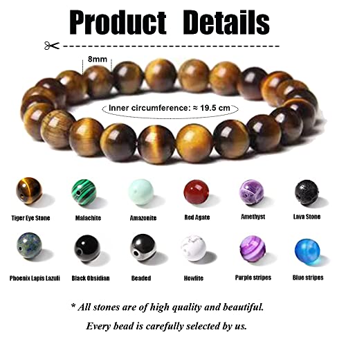 12 Pcs 8mm Gemstones Beaded Bracelets for Men Women Stone Bead Healing Stretch Round Bead Crystal Semi-Precious Bracelets Unisex2