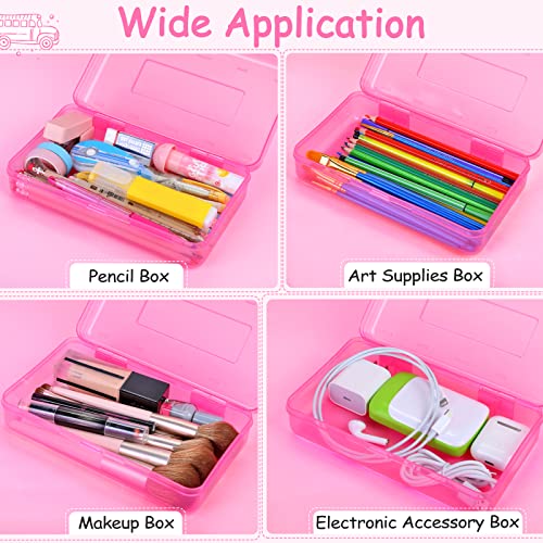 Sooez 1 Pack Pencil Case, Clear Pencil Box with Stickers, Large Plastic Crayon Box with Snap-tight Lid, Stackable Storage Box Art Craft Marker Organizer Box for Kids Boys Back to School, Pink